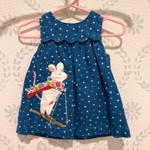 Baby Boden Blue corduroy Dress with Mouse Embroidery 0-3 mos.